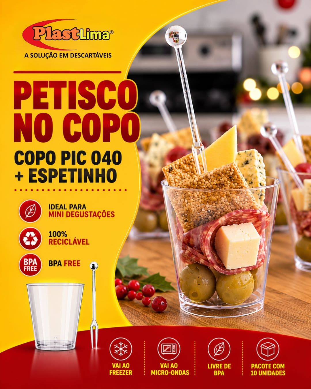 Petisco no copo: copo PIC 040 com espetinho, ideal para mini degustações
